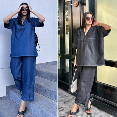 牛仔短袖上衣九分裤女套装