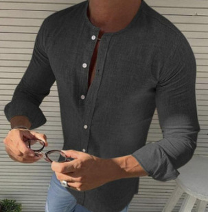 Foreign trade linen shirt for men 欧美新款亚麻修身长袖衬衣男