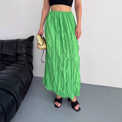 显瘦大摆裙飘逸垂感压皱半身裙