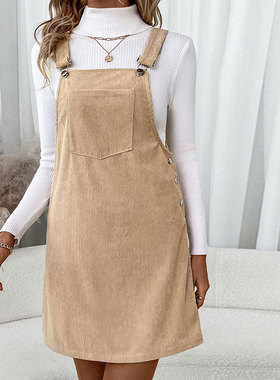 Linen-backed belted skirt for women 灯芯绒连衣裙休闲背带短裙