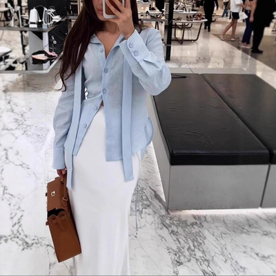 法式系带棉麻轻薄上衣衬衫女