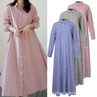 dress with lapel 翻领条纹长袖 sleeved stripes 连衣裙女 long