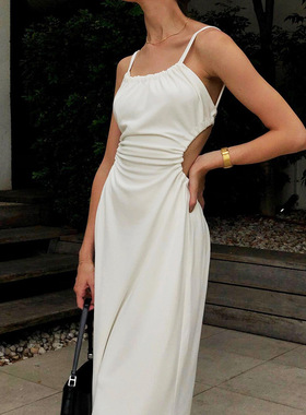 Halter white backless slim dress针织吊带白色露背修身连衣裙女