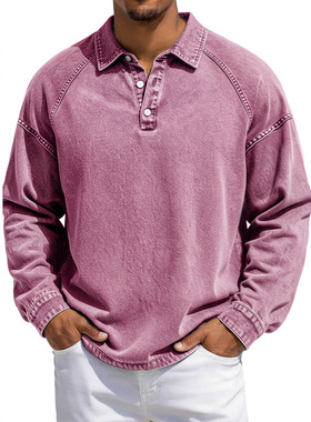 Solidcolor long-sleeved polo shirt纯色宽松上衣休闲长袖polo衫