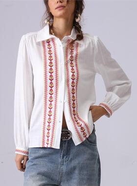 法式重工刺绣亚麻衬衫上衣女绣花时尚衬衣Linen blouse for women