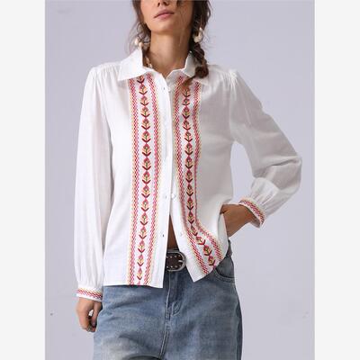 法式重工刺绣亚麻衬衫上衣女绣花