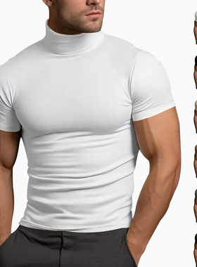 Short-sleeved tight high-neck T-shirt短袖打底衫男紧身高领T恤
