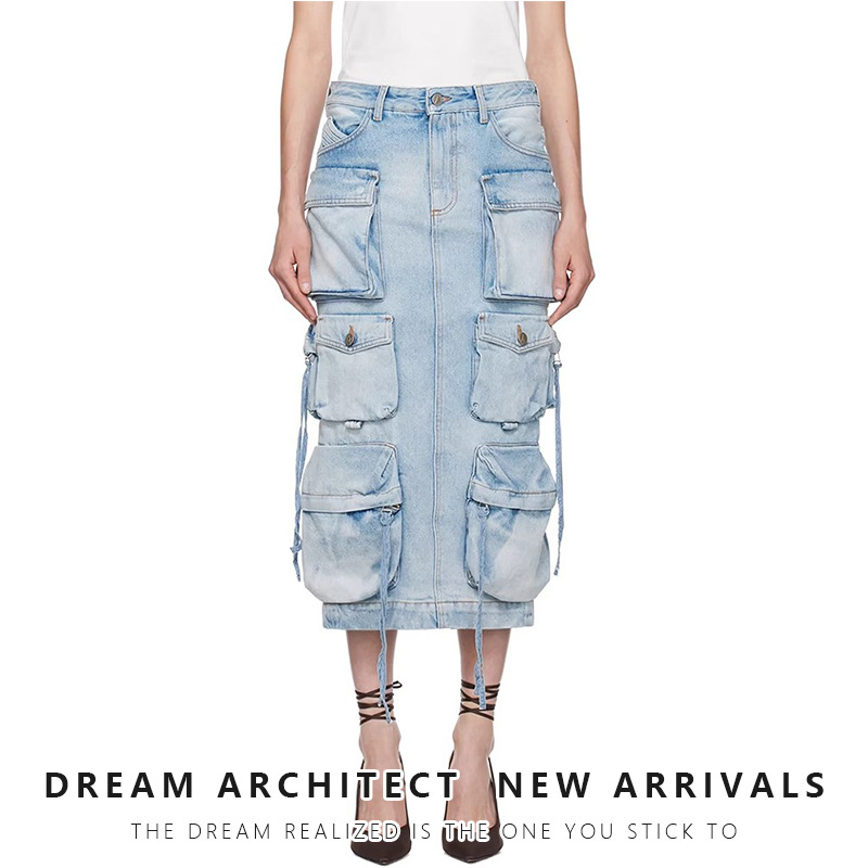 大口袋做旧牛仔直筒高腰半身裙裙