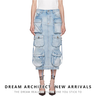 Denim old straight skirt with high waist大口袋做旧直筒高腰裙