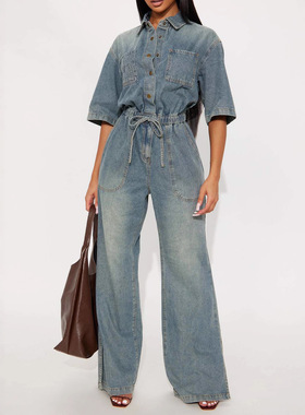 Jeans culottes women's one-piece dress短袖牛仔长裤束腰连体衣
