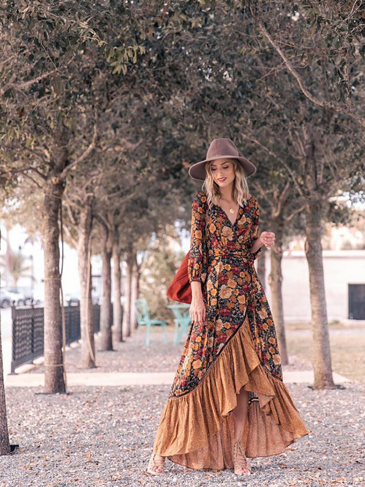 FITSHINLING 빈티지 프린트 꽃 무늬 롱 드레스 여성 불규칙