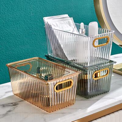 Available in three colors, this lidless household storage ba