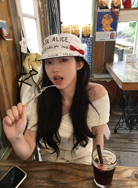 韩版字母涂鸦鸭舌帽平顶报童帽印花红色蝴蝶结遮阳帽ins风八角帽