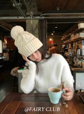 实用主义双层麻花毛线针织帽毛球加绒保暖百搭显脸小冷帽护耳帽子