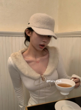 露丝同款秋冬加厚毛线帽平顶针织鸭舌帽韩版复古百搭显脸小马术帽