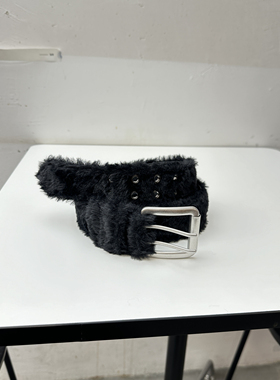 原创黑色短毛真皮皮带简约复古金属双扣绒毛宽版毛毛腰带男女通用