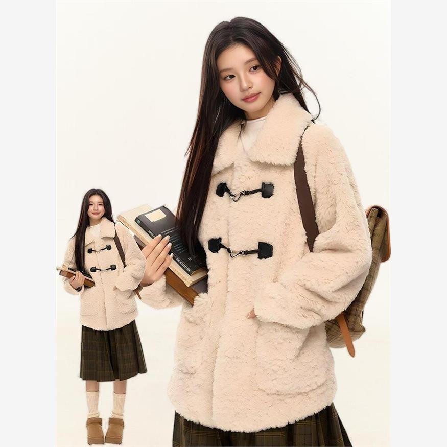 羊羔毛外套女冬季2025新款牛角扣中长款加绒加厚环保皮草毛毛大衣