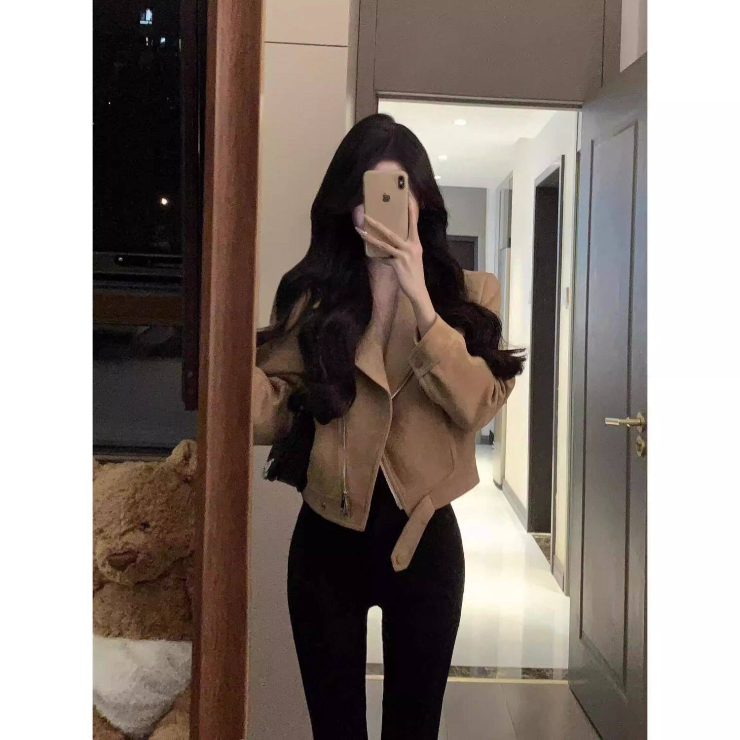 美式棕色翻领短款麂皮外套女春秋季短款修身收腰机车皮衣夹克上衣