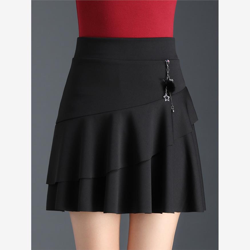 黑色不规则双层裙摆半身裙女秋季高腰显瘦a字裙防走光广场舞短裙