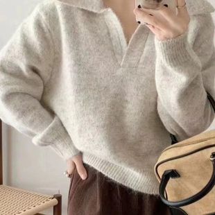 法式 温柔风复古软糯高级感针织毛衣女秋冬宽松慵懒风翻领休闲上衣