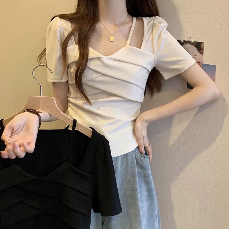 大码正肩短袖T恤女小众藏肉夏季2025新款胖mm遮肚子显瘦短款上衣