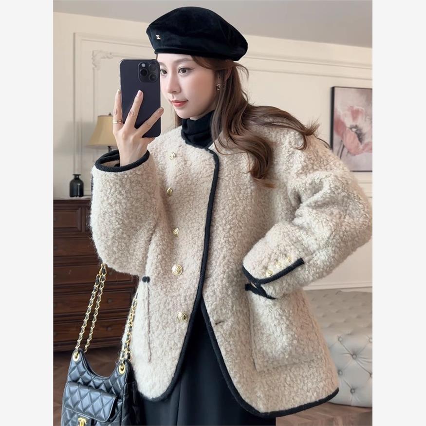 米色小香风韩圈呢外套女小个子2024冬新款法式加厚气质夹棉上衣