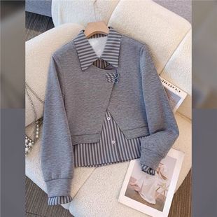 时尚 春秋休闲卫衣直年套装 百搭两件套假拼接2025两件衬衫 筒裤 新款