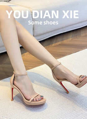 黑色红底高跟凉鞋女新款夏季性感漆皮一字带防水台露趾高跟鞋细跟