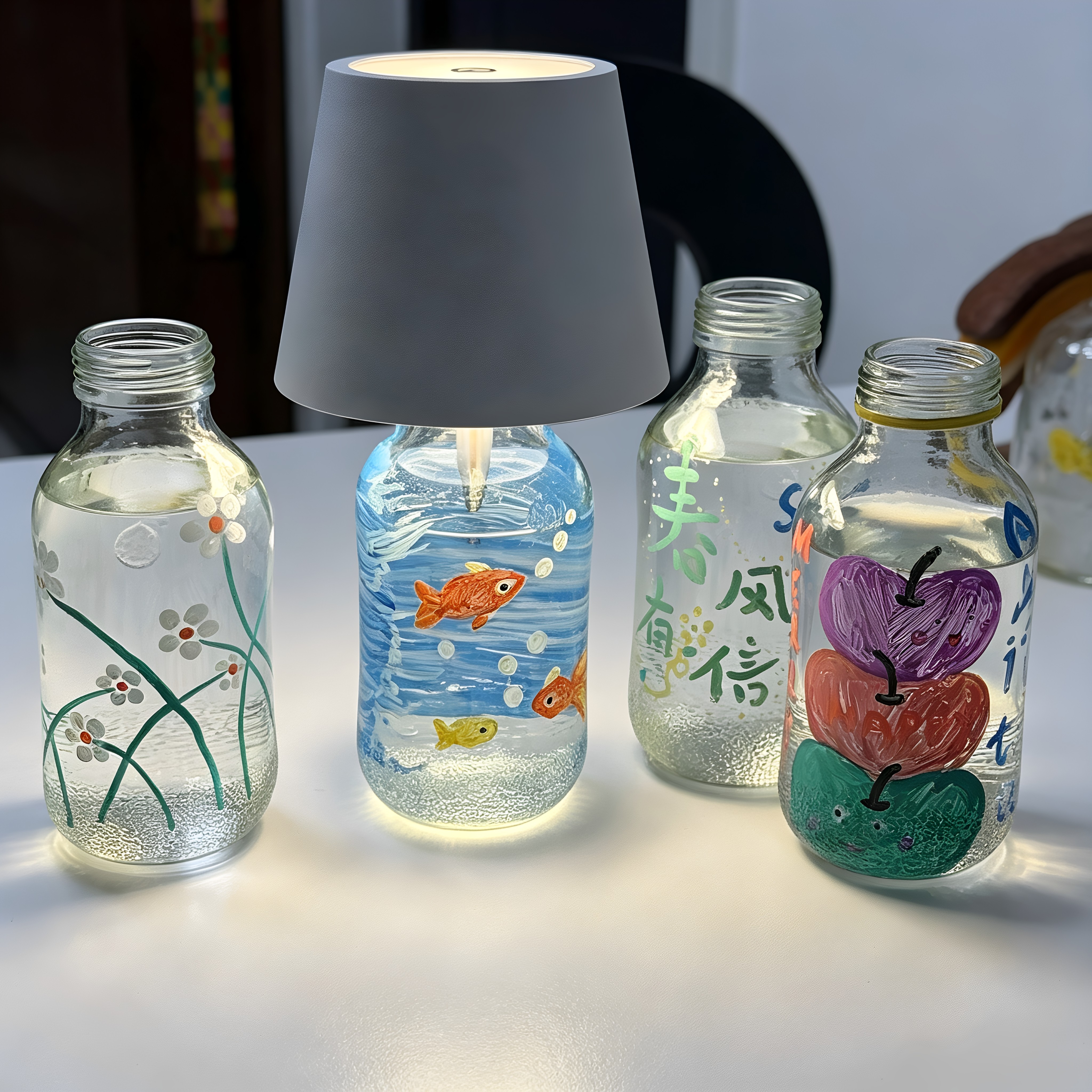 diy空瓶手作台灯手绘涂鸦玻璃瓶改造小夜灯治愈解压创意桌面摆件