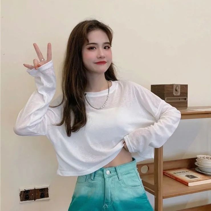 防晒长袖T恤女装夏季新款圆领百搭薄款冰丝宽松休闲短款上衣潮ins