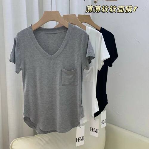 莫代尔棉垂坠感锁骨T恤女夏宽松韩版中长款打底衫短袖休闲v领上衣