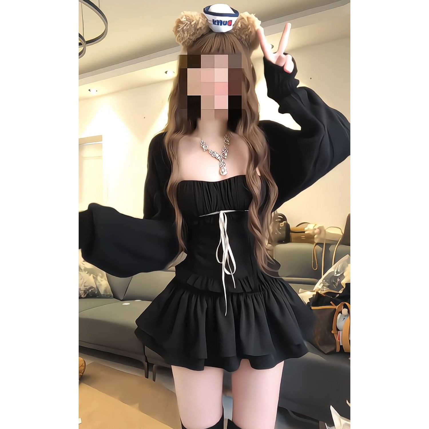 暗夜黑蝶 纯欲辣妹黑色开衫+蝴蝶结系带无袖内搭+蛋糕短裙三件套