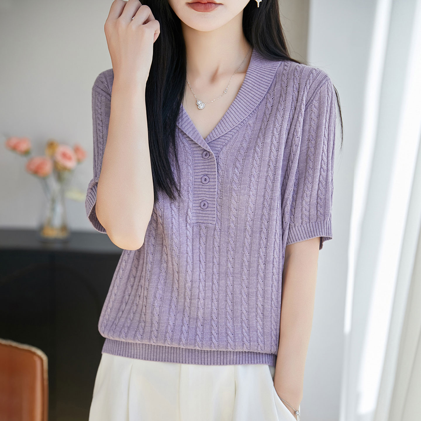 翻领桑蚕丝短袖Tt恤女