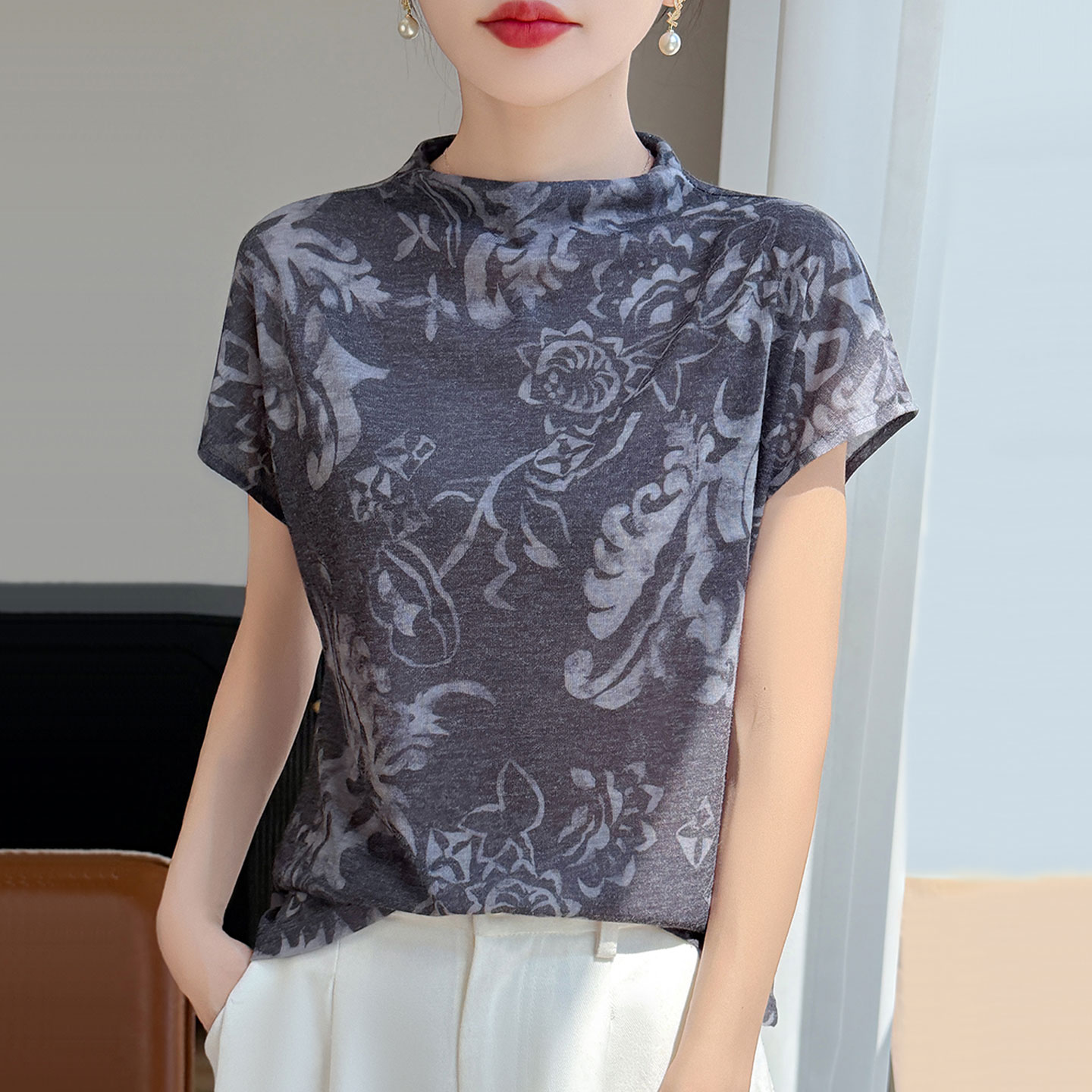 半高领桑蚕丝短袖t恤女