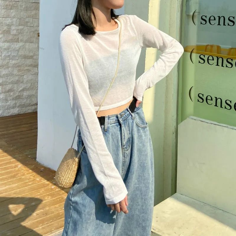 防晒衣女套头长袖t恤女冰丝薄款韩版宽松网纱短款微透罩衫上衣夏