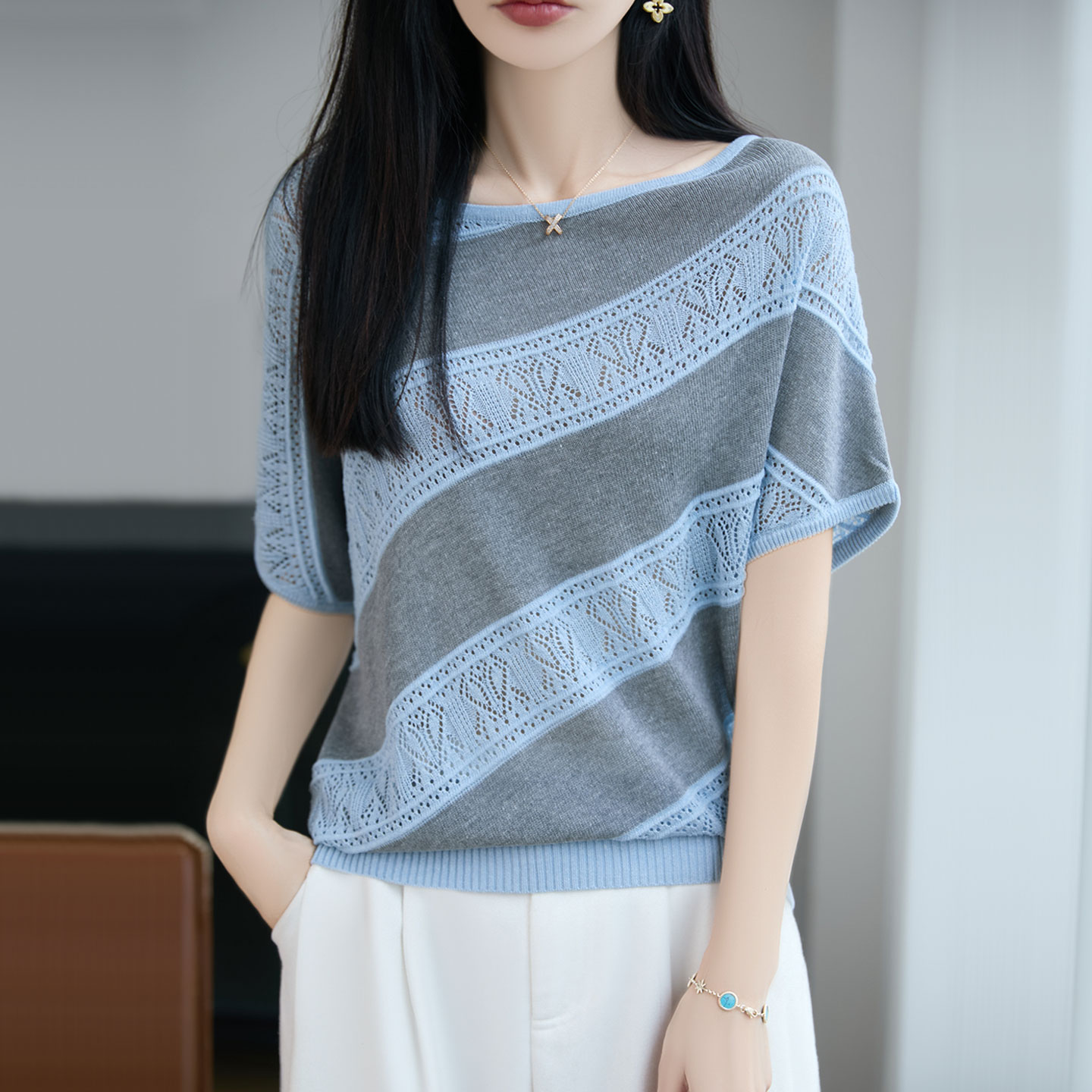 一字领桑蚕丝短袖T恤女