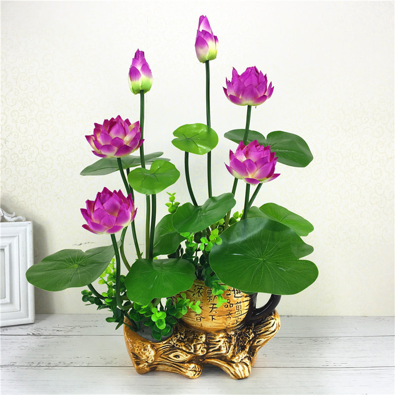 一盆包邮彷真荷花莲花供佛花小套装 塑料假花小盆栽家居装饰摆件