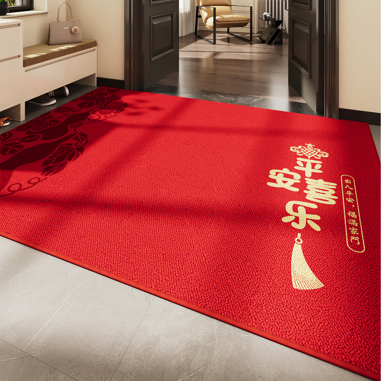 红色喜庆入户门地垫耐脏防滑脚垫