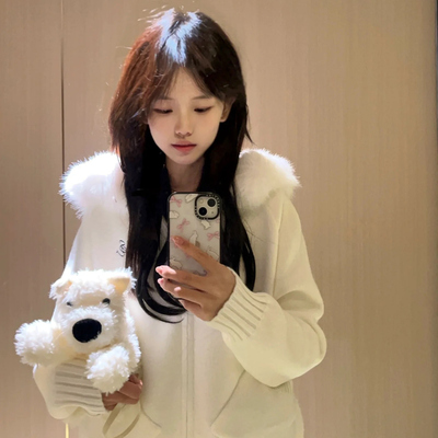 白色毛领连帽针织毛衣外套女秋冬