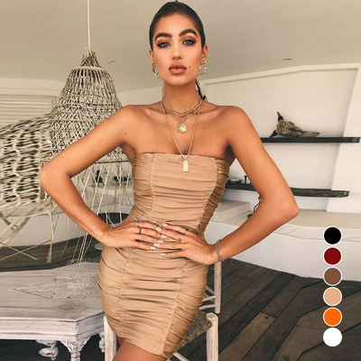 Solid color collarless pleated dress纯色无领褶皱修身连衣裙女