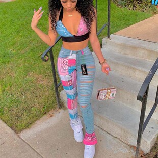 mid denim rise pencil Printed pants印花拼接牛仔小脚裤 panel