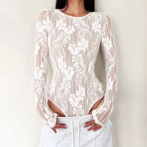蕾丝镂空长袖紧身连体衣Lace round-neck long-sleeved bodysuit