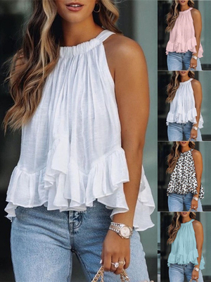 printed halterneck off-the-shoulder tank top印花挂脖露肩背心