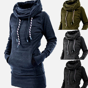 pile sweater连帽堆堆领休闲长款 neck long 卫衣女 casual Hooded