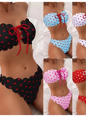 Strap hollow split strapless bikini绑带镂空分体抹胸比基尼女