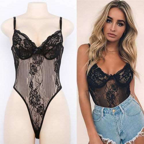 Sexy lace mesh patchwork bodysuit 性感蕾丝吊带网纱拼接连体衣