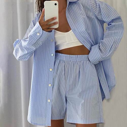 Casual Striped Shirt High Waist Shorts Set条纹衬衫短裤套装女