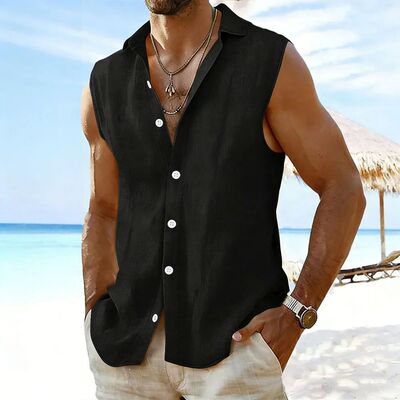 纯色无袖马甲衬衫男 Solid color sleeveless vest shirt for men