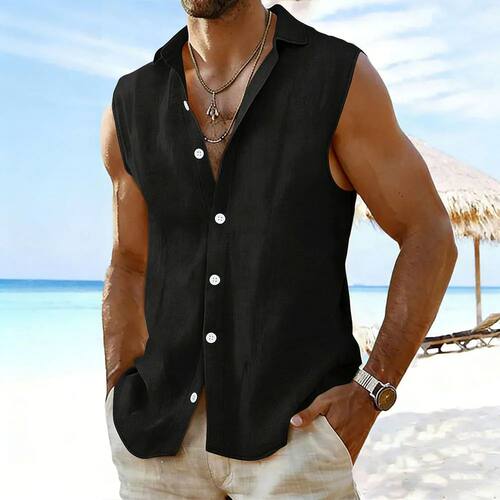纯色无袖马甲衬衫男 Solid color sleeveless vest shirt for men
