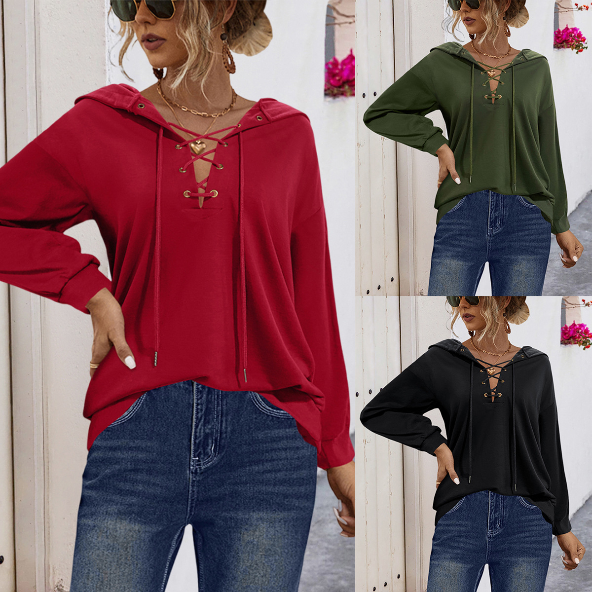 Solid color lace up hooded sweatshirt纯色系带连帽宽松卫衣女